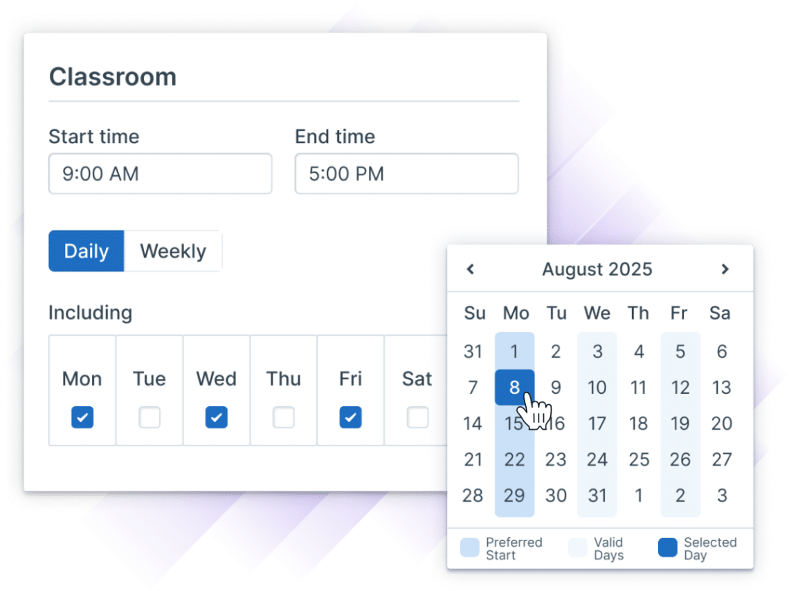 Administrate interface showing Course Templates options to set preferred schedules, including start and end times and specific days. These preferences are then seamlessly carried over into the event creation date-picker.