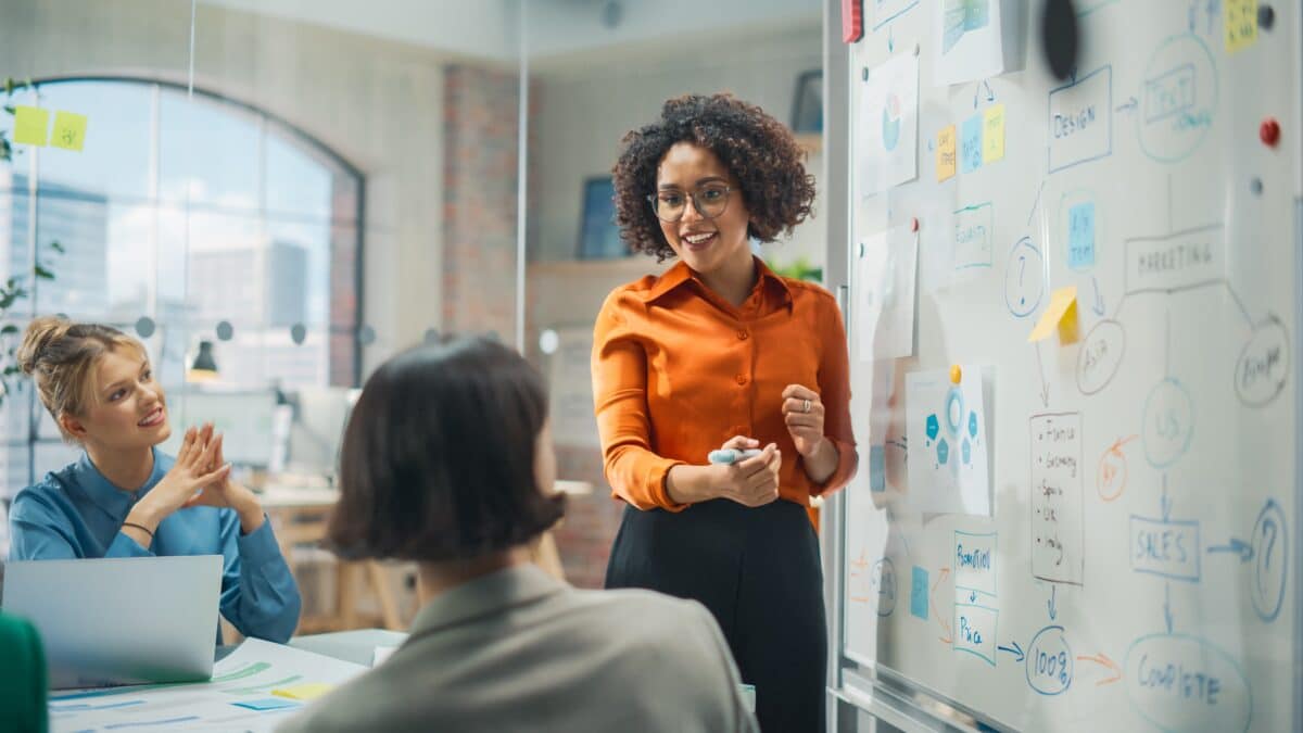 Instructor leads an ILT training course, smiling and addressing learners while standing at a whiteboard.