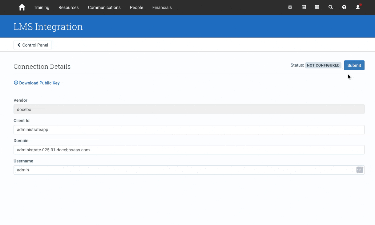 GIF showing how to set up the Docebo and Administrate integration.