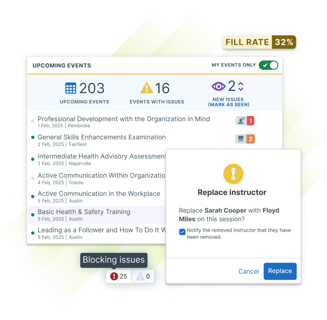 Dashboard view of Administrate showing upcoming training events with issue alerts and a prompt to replace an unavailable instructor.